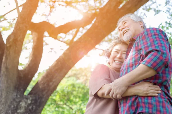 肖像画の幸せ夫婦 魅力的なおじいさんとおばあさんが抱き合って公園で愛とスマイリーの顔を持つ 祖父母の健康を持っているし 日光と自分の人生を楽しむ — ストック写真