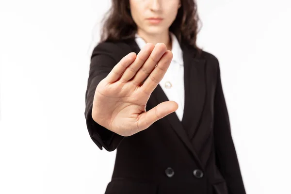 Zakenvrouw Maakt Symbool Van Verbod Stop Van Misdaad Corruptie Economische — Stockfoto