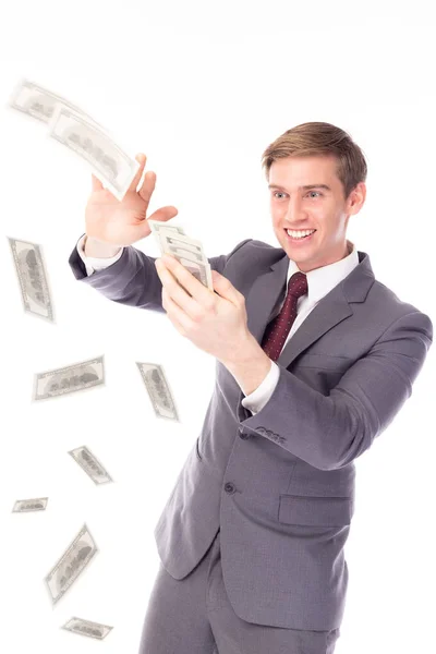 Businessman spread, throw a lot of money to air. Handsome investor guy get increase, growth up business. Business man can earn a lot of money and get many profit. Rich man, Millionaire get happiness — Stock Photo, Image