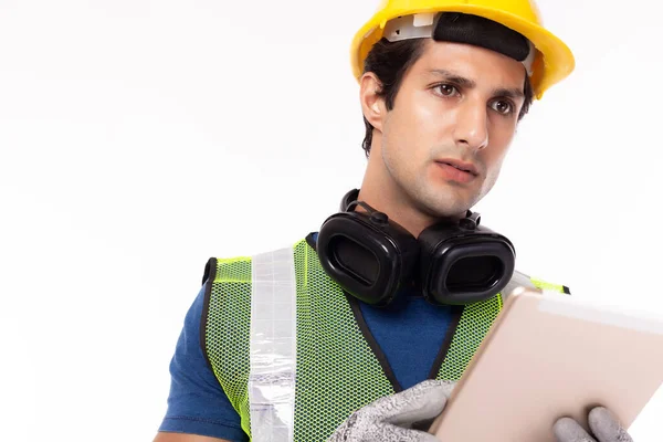 Engineer Foreman Hardhat Using Tablet Computer Factory Engineer Professional Contractor — Stock Photo, Image