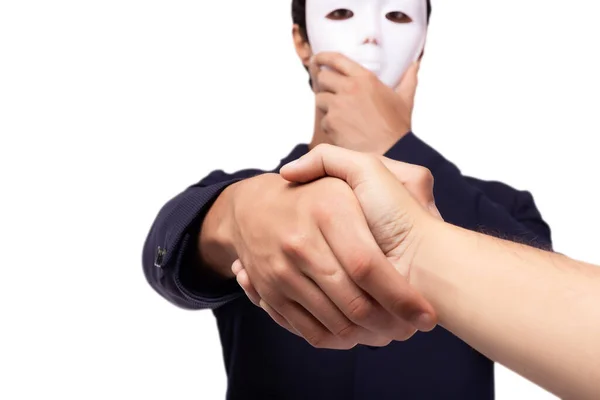 Επιχειρηματίας Εργάτης Έγκλημα Κρατάει Λευκή Μάσκα Ανέντιμος Απατεώνας Ψεύτικος Τύπος — Φωτογραφία Αρχείου