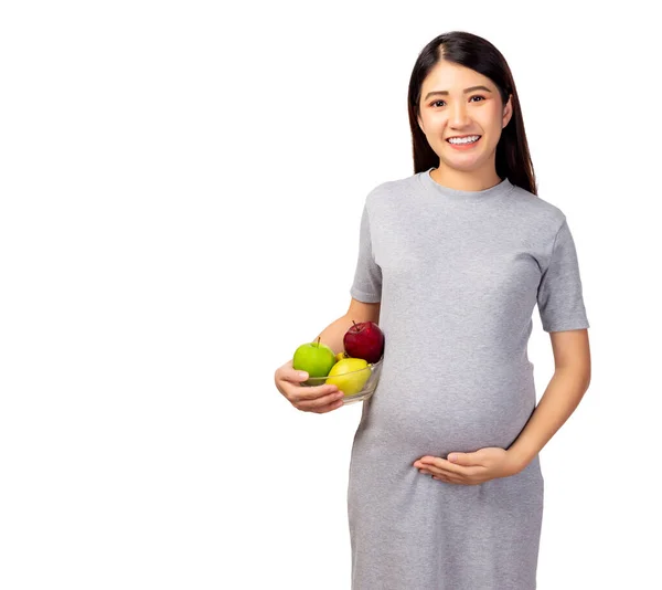 Boldog Terhes Fiatal Ázsiai Anya Hold Tál Üveg Tartalmaz Gyümölcsöt — Stock Fotó