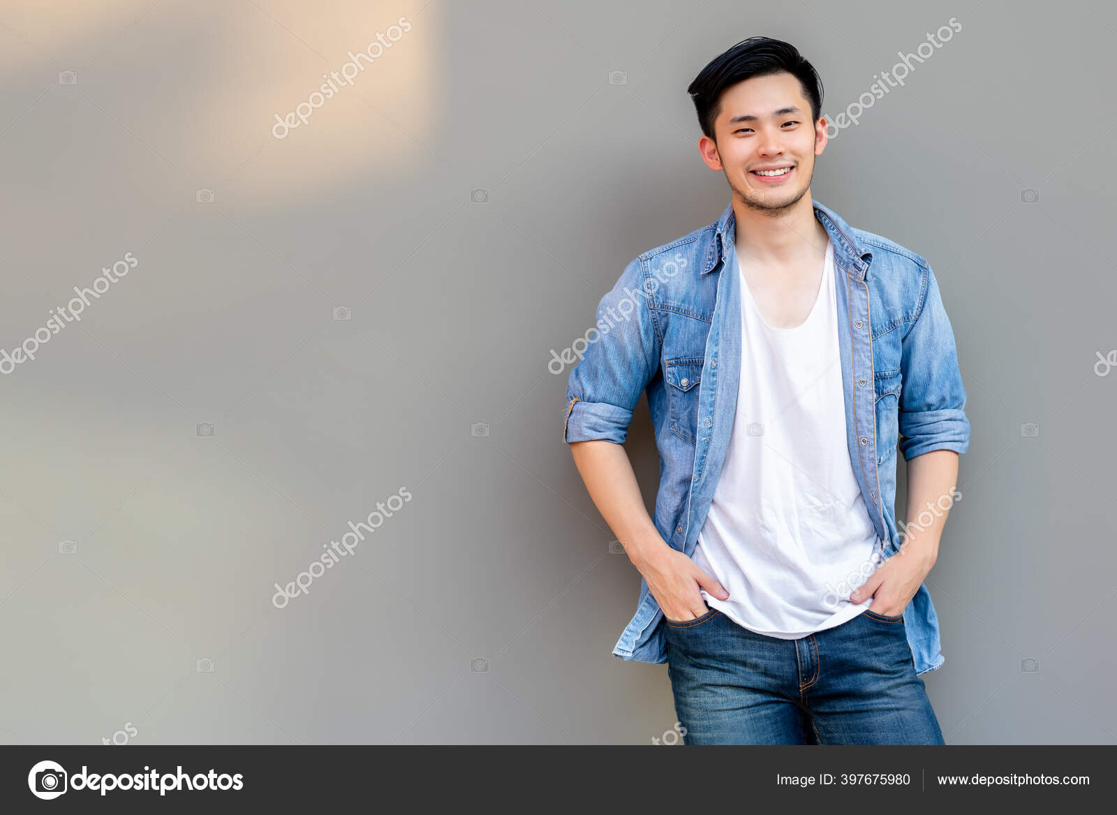 Portrait Handsome Asian Man Cool Guy Get Happy Time Life Stock