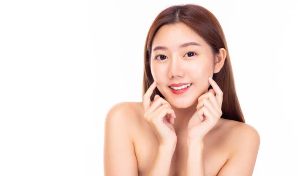 Heureuse Belle Femme Asiatique Touchant Ses Joues Beauté Avec Visage — Photo