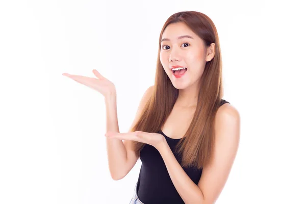 Feliz Hermosa Mujer Asiática Joven Sobre Aislado Fondo Blanco Celebración — Foto de Stock