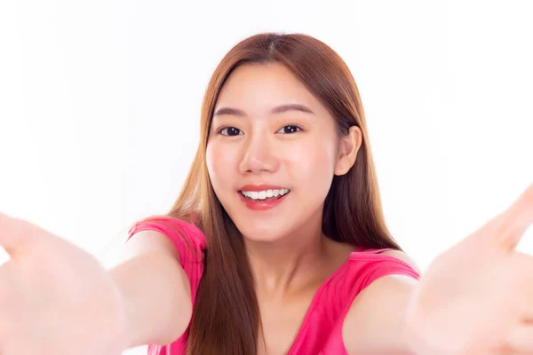 Atractiva Hermosa Joven Asiática Hembra Dando Gran Abrazo Dando Las — Foto de Stock