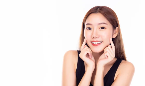 Schöne Asiatische Frau Berührt Ihre Schönheit Wangen Mit Lächeln Gesicht — Stockfoto