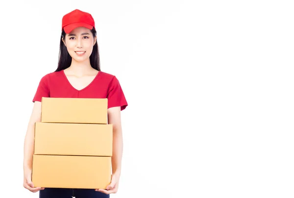 Lieferfrau Roter Uniform Isoliert Auf Weißem Hintergrund Kopierraum Frau Mit — Stockfoto