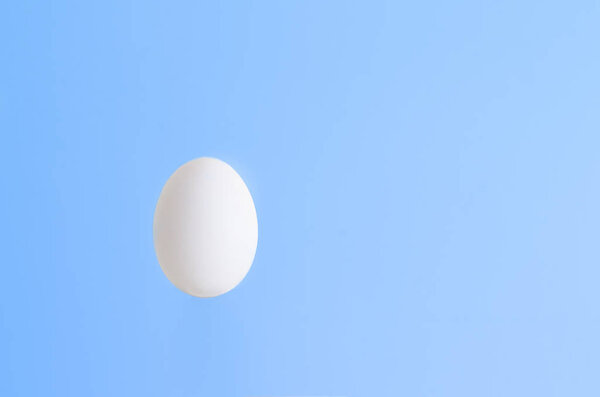 Single white egg isolated against light blue backdrop