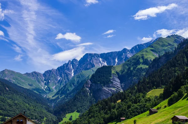 Paysage Montagneux Suisse Herbe Verte Ciel Bleu Nuages Blancs Journée — Photo