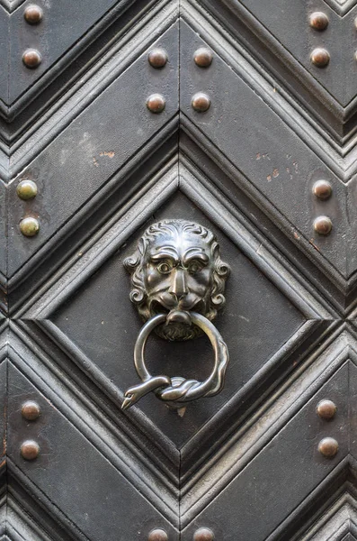 Cabeça de leão de metal vintage moldada maçaneta da porta com anel batendo — Fotografia de Stock