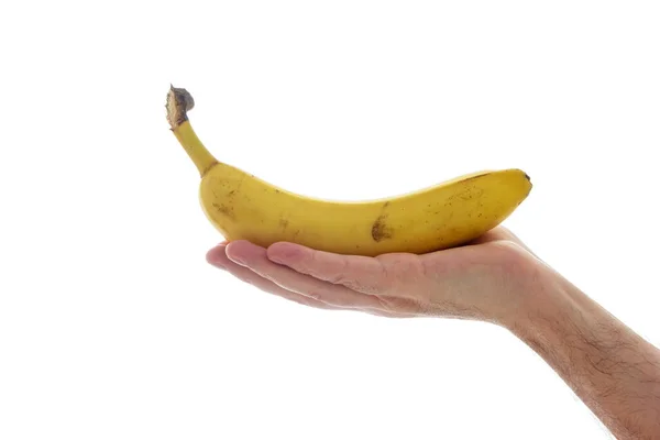 Homem Caucasiano Segurando Uma Banana Madura Manchada Sua Mão Isolada — Fotografia de Stock
