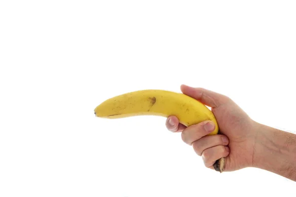 Белый Мужчина Держит Спелый Пятнистый Банан Руке Изолированный Белом 2020 — стоковое фото