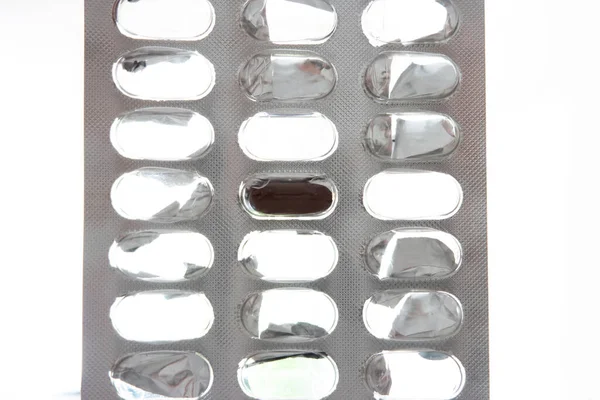 One Last Brown Pharmaceutical Pill Used Blister Pack Isolated White — Stock Photo, Image