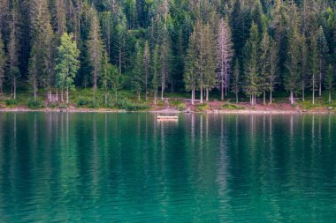 Caumasee dağı gölü İsviçre Alplerinde güneşli yaz mevsimi güneşli salda açık turkuaz su çam ağacı ormanı arka planda 2020 'de hiç kimse yok.