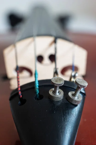 Wooden Violin Close Detail Shot Bridge Cord Tuners — Stock Photo, Image