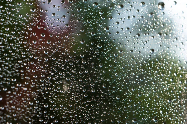 Rain Water Droplets Window Macro Close Shot Colored Blurred Background — Stock Photo, Image