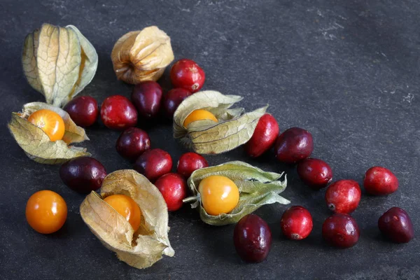 Arreglo Capa Grosellas Physalis Con Arándanos Pizarra Con Espacio Para Fotos de stock libres de derechos