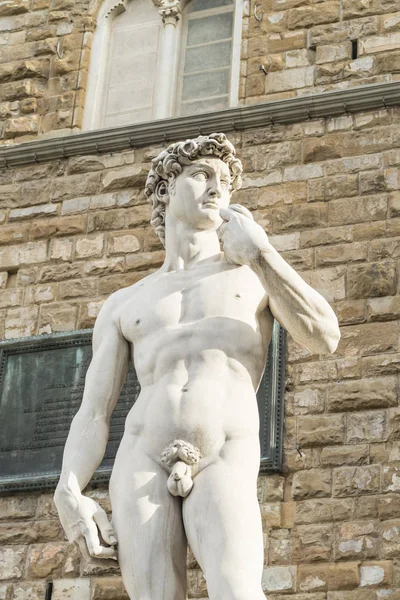 Copy of Michelangelo\'s David sculpture next to Palazzo Vecchio in Piazza della Signoria in Florence