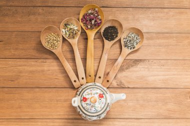 Tahta kaşık ile infüzyon, ahşap arka plan üzerinde rustik tarzı için farklı otlar.