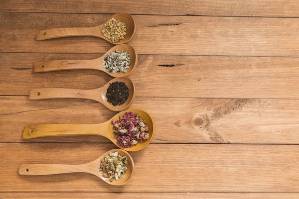 Tahta kaşık ile infüzyon, ahşap arka plan üzerinde rustik tarzı için farklı otlar.
