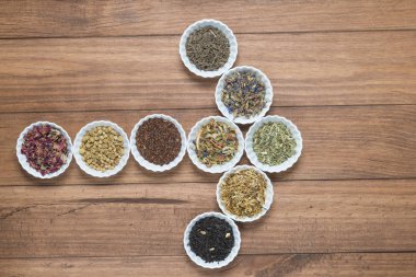 İnfüzyon, ahşap arka plan üzerinde rustik tarzı için farklı otlar ile beyaz kase.