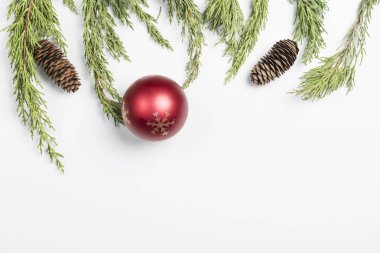 Çamın dalları, çam kozalakları ve beyaz arka plan üzerinde Noel süslemeleri ile yapılan Noel arka plan.