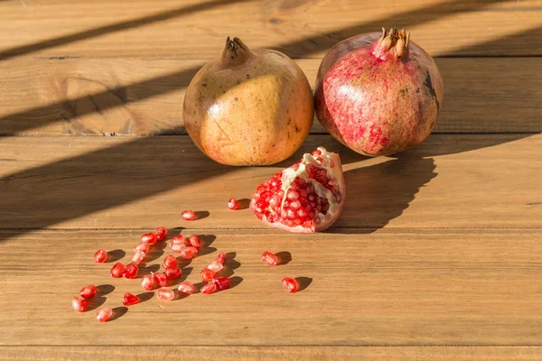 Healthy Food Concept Still Life Pomegranates Some Grains Wooden Table — Stock Photo, Image