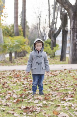 Bir parkta düşen sonbahar yaprakları ile oynarken sıcak elbise giymiş çocuk.
