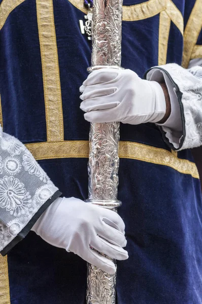 Detail Hands Acolyte Holding Processional Candlestick Procession Holy Week — Stock Photo, Image