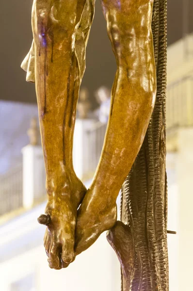 Detalle Los Pies Clavados Cruz Escultura Del Cristo Crucificado Hermandad — Foto de Stock