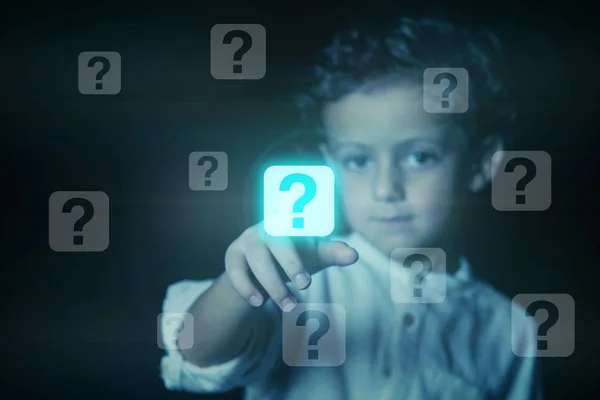 Child pressing a button with the question mark icon on a virtual screen.