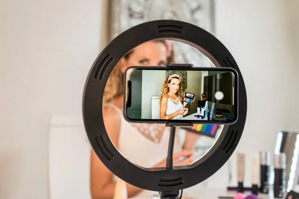 Young Female Vlogger Recording Make Video Her Vlog Close Phone — Stock Photo, Image