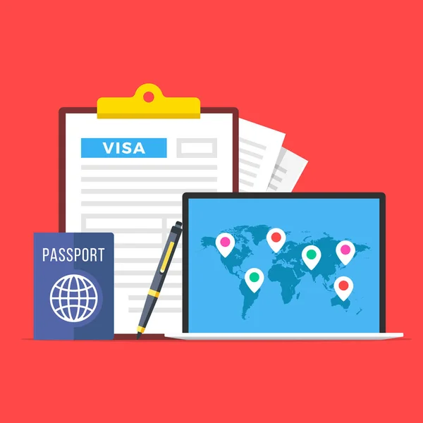 Demande Visa Presse Papiers Avec Formulaire Demande Visa Passeport Stylo — Image vectorielle