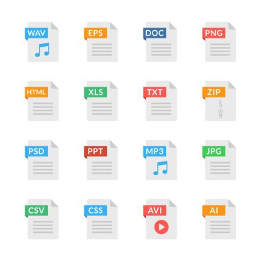 Belge simgeleri. Dosya biçimleri. Düz dizayn. Vektör simgeleri beyaz arkaplanda izole edildi