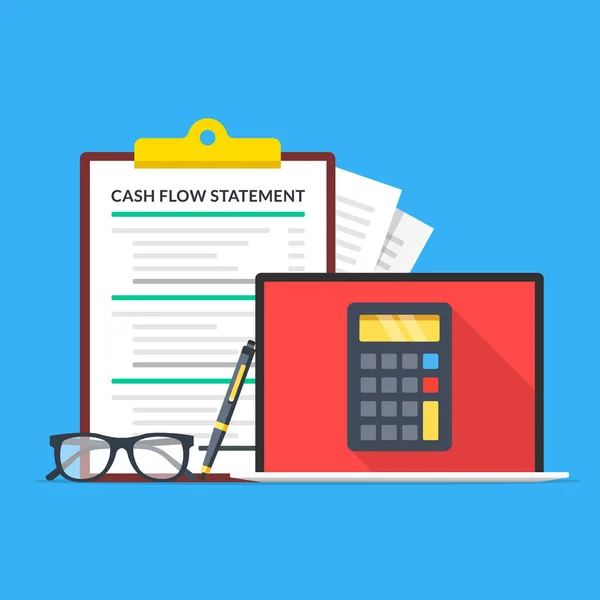 Cash Flow Kimutatás Laptop Számológép Képernyőn Szemüveg Toll Pénzügyi Kimutatás — Stock Vector