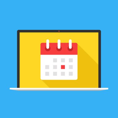 Dizüstü ekran takvim. Defter takvim simgesini ekran ile. Modern kavram. Düz tasarım. Vektör çizim