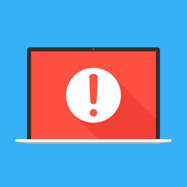 Bildirim. Ünlem işareti simgesi ekranda ile dizüstü bilgisayar. İleti ünlem işareti ile. Uyarı, uyarı, kritik hata kavramları. Modern düz tasarım grafik öğeleri. Vektör çizim