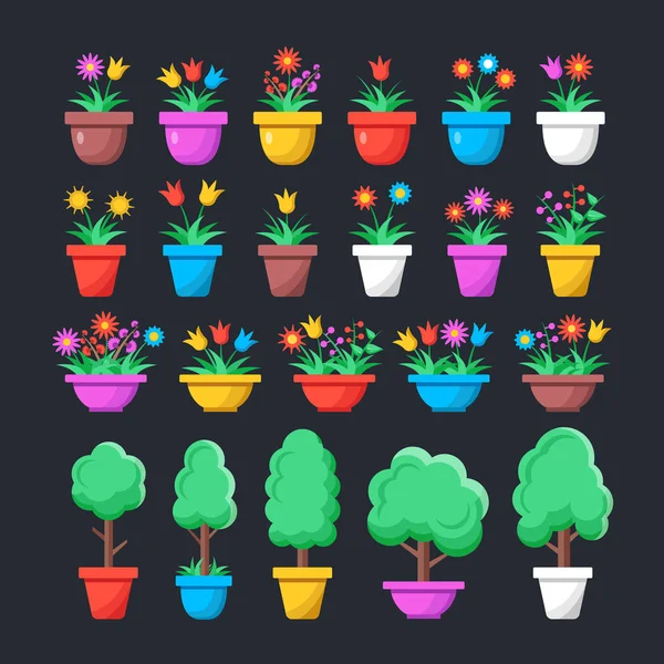 Цветы Комнатные Растения Горшках Комплект Домашних Растений Деревьев Цветов Контейнерах — стоковый вектор