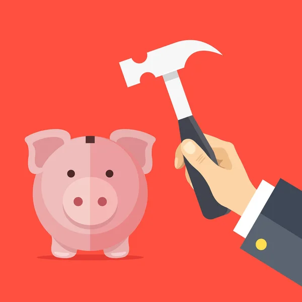 Breaking Piggy Bank Human Hand Holding Hammer Breaking Piggybank Flat — Stock Vector