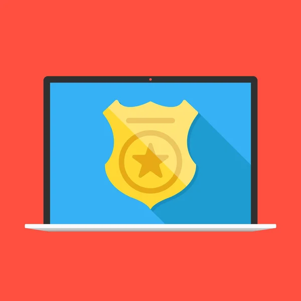 ノート パソコンの画面上の警察バッジ オンライン警察サービスの概念 フラットなデザイン ベクトル図 — ストックベクタ