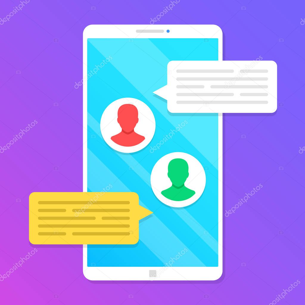 Chat. Smartphone with message speech bubbles and user profile icons. Mobile phone with messaging app. Online chatting, texting, sms concepts. Modern vector illustration