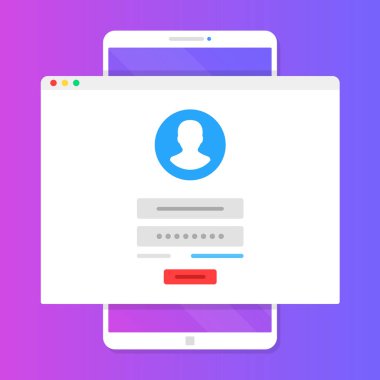 Giriş formu, online kayıt, hesap erişim kavramı. Oturum açma sayfası ile Web sitesi smartphone açıldı. Kullanıcı adı ve şifre alanları ile giriş ekranı. Modern düz tasarım konsepti. Vektör çizim