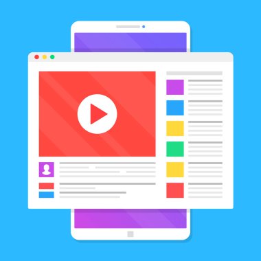 Smartphone cep telefonu ile video izlerken. Cep telefonunuzda mobil tarayıcı açıldı online video içerikli web sitesi. Modern düz tasarım. Vektör çizim