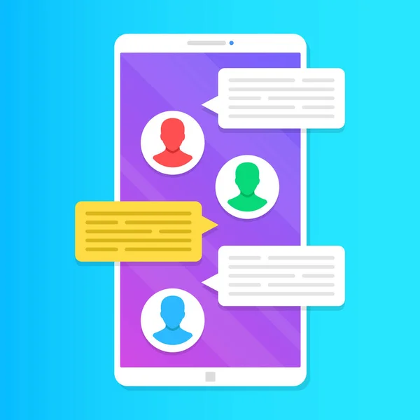グループ チャット グループ テキスト メッセージング アプリは スマート フォンの画面に オンライン コミュニケーションの概念 — ストックベクタ