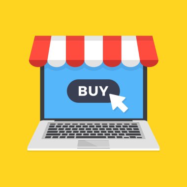 Online alışveriş, e-ticaret. Laptop ekran Mağazası Tente ve satın düğmesi ile. Pazar yeri, e-ticaret, Satın almak online kavramlar. Modern düz tasarım. Vektör çizim