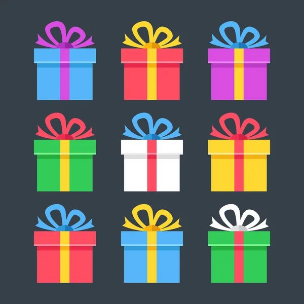 Cajas Regalo Iconos Planos Giftbox Presente Conceptos Paquete Diseño Plano — Vector de stock