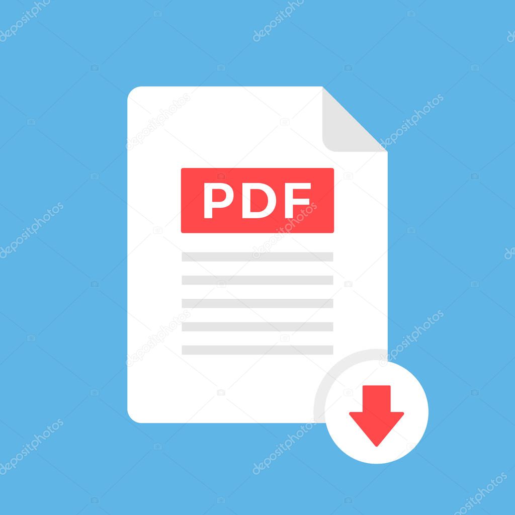 Download PDF icon. Document with PDF label and down arrow sign. Downloading file concept. Modern flat design. Vector icon
