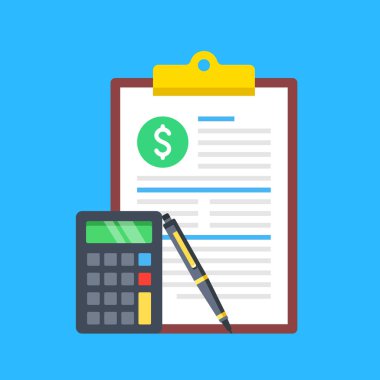 Pano ve dolar işareti, hesap makinesi ve kalem belge. Mali, vergi formu, başvuru formu, iş rapor kavramları. Modern düz tasarım. Vektör çizim