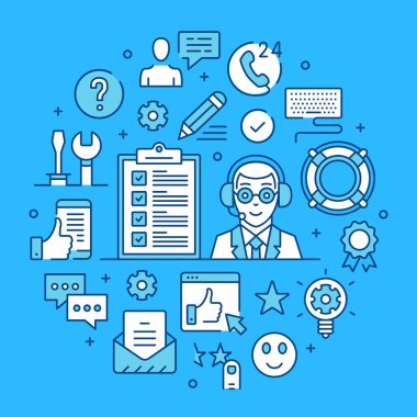 Müşteri destek, hizmet, teknik destek kavramları hat sanatı. Modern grafik öğeleri, Seviyelendirme simgelerini, satır simgeler ayarla Web siteleri, web afiş, mobil uygulamalar, infographics için ince. Vektör çizim